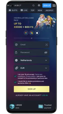 Startscherm van de mobiele app met opties om in te loggen of te registreren.