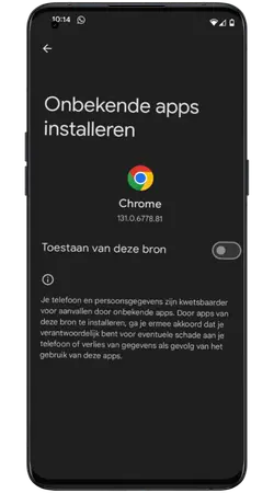 Android-instelling Onbekende apps met schakelaar Toestaan van deze bron voor Chrome.