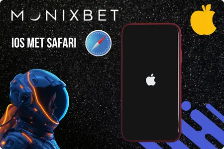 Monixbet iOS-banner via Safari met iPhone, Safari-icoon en logo op donkere achtergrond.