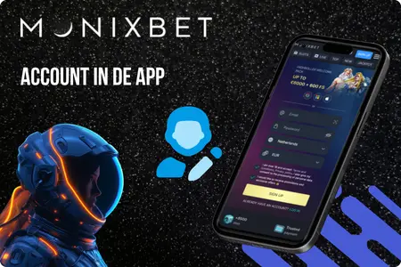 Monixbet mobiele app-illustratie met account aanmaken en aanmeldscherm.