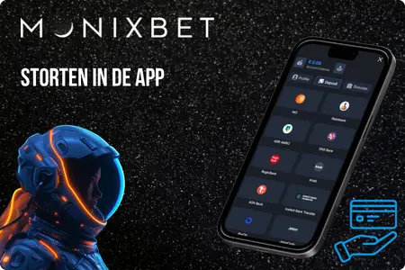 Monixbet-app stortingscherm met accountbalans en keuze uit banken en betaalmethoden.