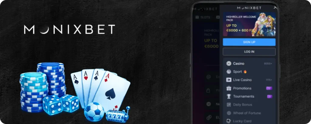 Monixbet-app met blauwe casino-fiches, kaarten en dobbelstenen.