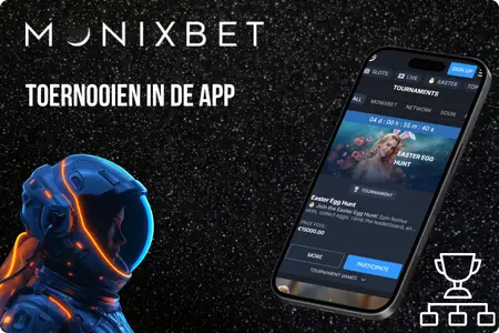 Monixbet toernooienpagina op mobiel met filters en een actieve toernooikaart.