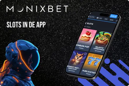 Monixbet-app scherm met de sectie Slots en spellenoverzicht.